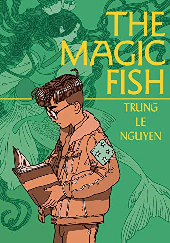 A boy in a jacket reads a book against a green mermaid background.