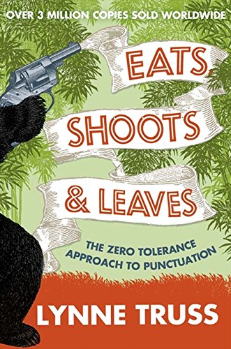 Book cover: "Eats, Shoots and Leaves" with a gun and panda illustration.