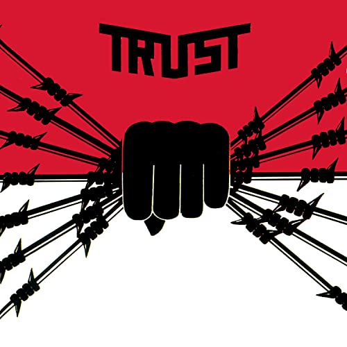 Black fist breaking barbed wire against a red and white background.