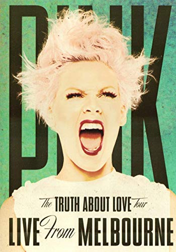 Woman with short pink hair and open mouth on green background with black text.