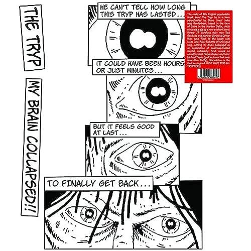 Black and white comic-style album cover with eyes and text bubbles.