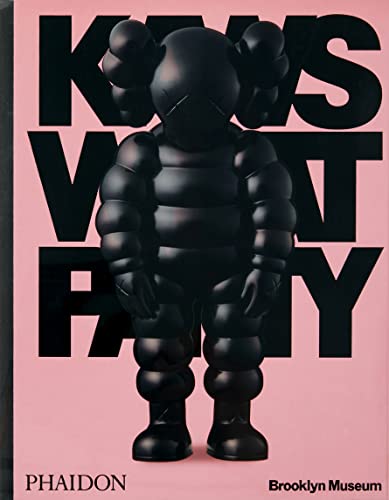 Black KAWS figure on a pink book cover with bold typography.