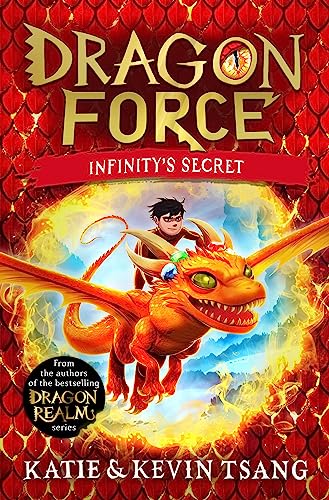 A boy rides an orange dragon against a red scale background with golden flames.