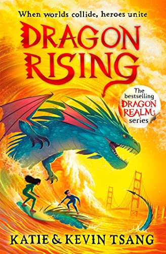 A blue dragon flies over two children surfing in front of the Golden Gate Bridge.