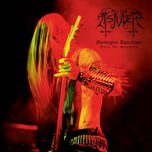 Tsjuder album cover: long-haired person with spiked gauntlet holding a guitar.