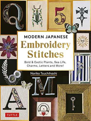 Embroidery book cover featuring colorful stitched designs of plants, animals, and letters.