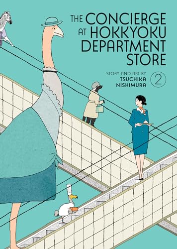 Book cover: ostrich, people on escalators, illustrated in a minimalist style.