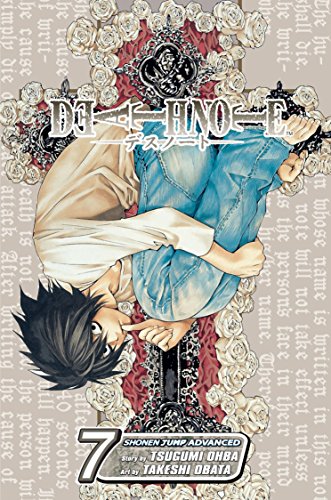 Death Note volume 7 cover featuring L sitting curled up against a floral cross.