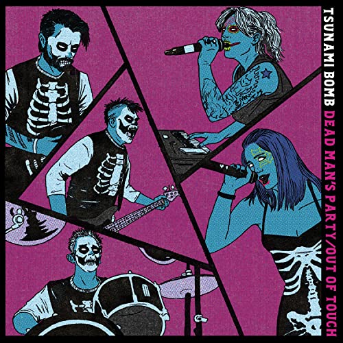 Blue and pink illustrated album cover for Tsunami Bomb’s “Dead Man’s Party.”