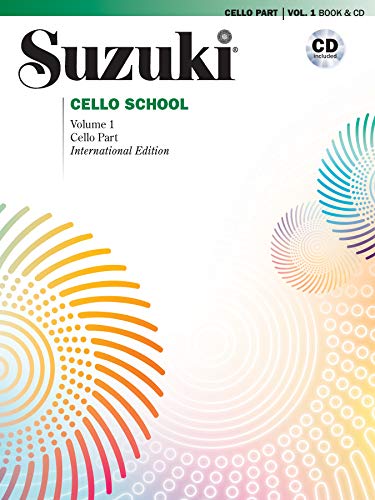 Suzuki Cello School, Volume 1 book cover with colorful spiral design.