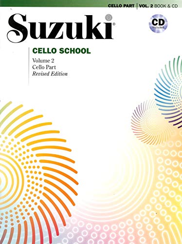 Suzuki Cello School Volume 2 music book cover with abstract colorful circular patterns.