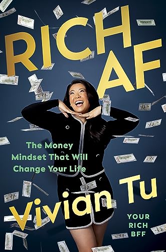 Book cover with woman surrounded by falling money, title “Rich AF”.