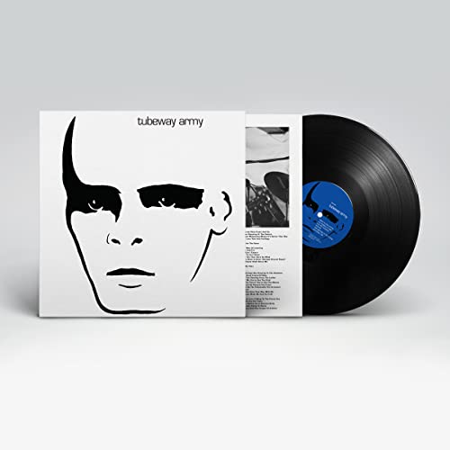 Tubeway Army vinyl record with white cover featuring a stark face illustration.