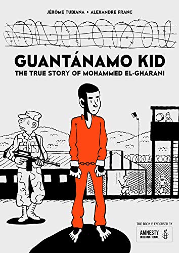 Book cover depicting a boy in orange, cuffed, with a guard and barbed wire.