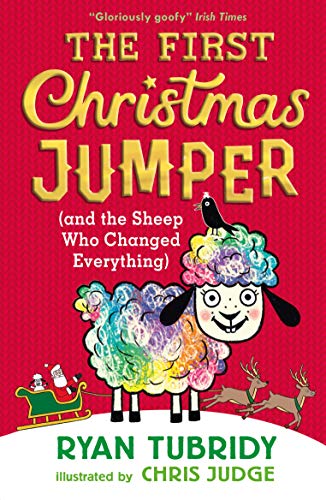 Book cover: colorful sheep with a bird, festive red background.