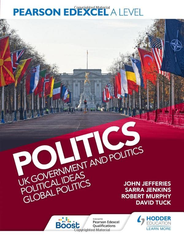 Textbook cover showing Buckingham Palace with international flags and the title Politics.