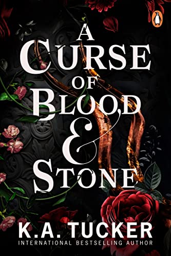 Book cover: dark floral design with title "A Curse of Blood & Stone.