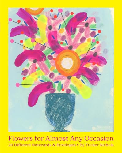 Colorful, abstract floral painting on a box of notecards.