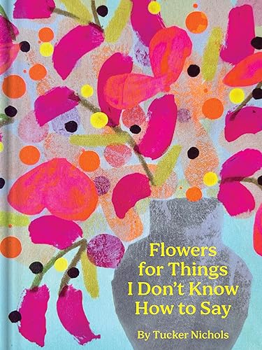 A vase of abstract pink flowers on a light blue background with yellow text.