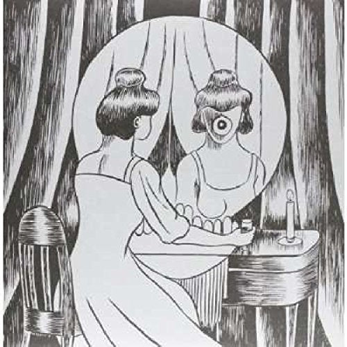 Black and white illustration of a woman looking into a mirror, with an eye reflected.