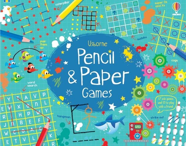 Colorful cover of "Pencil & Paper Games" pad with various game illustrations.