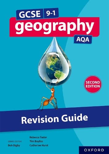 An ant holds a water droplet containing Earth on a blue GCSE Geography textbook cover.