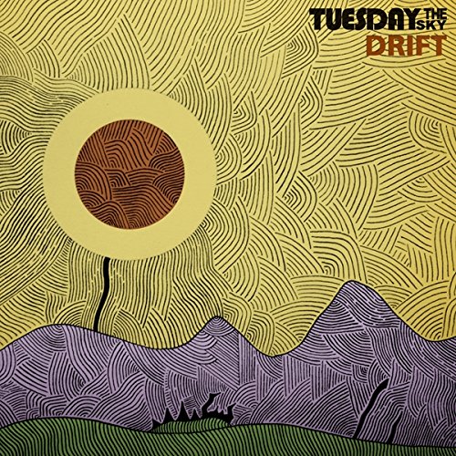 "CD album cover with stylized landscape, sun, and 'Tuesday the Sky - Drift' text."