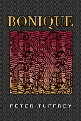 Book cover for "Bonique" with lace and a handgun illustration.
