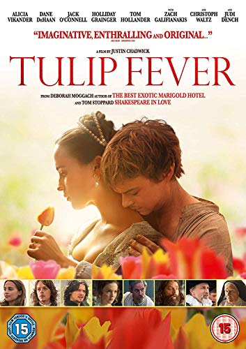 DVD cover for “Tulip Fever” featuring a couple embracing amid tulips.