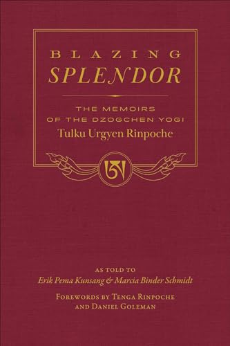 Red book cover with title "Blazing Splendor" and Tibetan symbol.