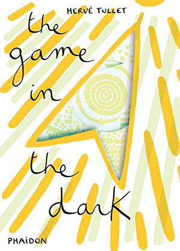 Book cover with yellow dashes and a triangular cutout showing a patterned interior.