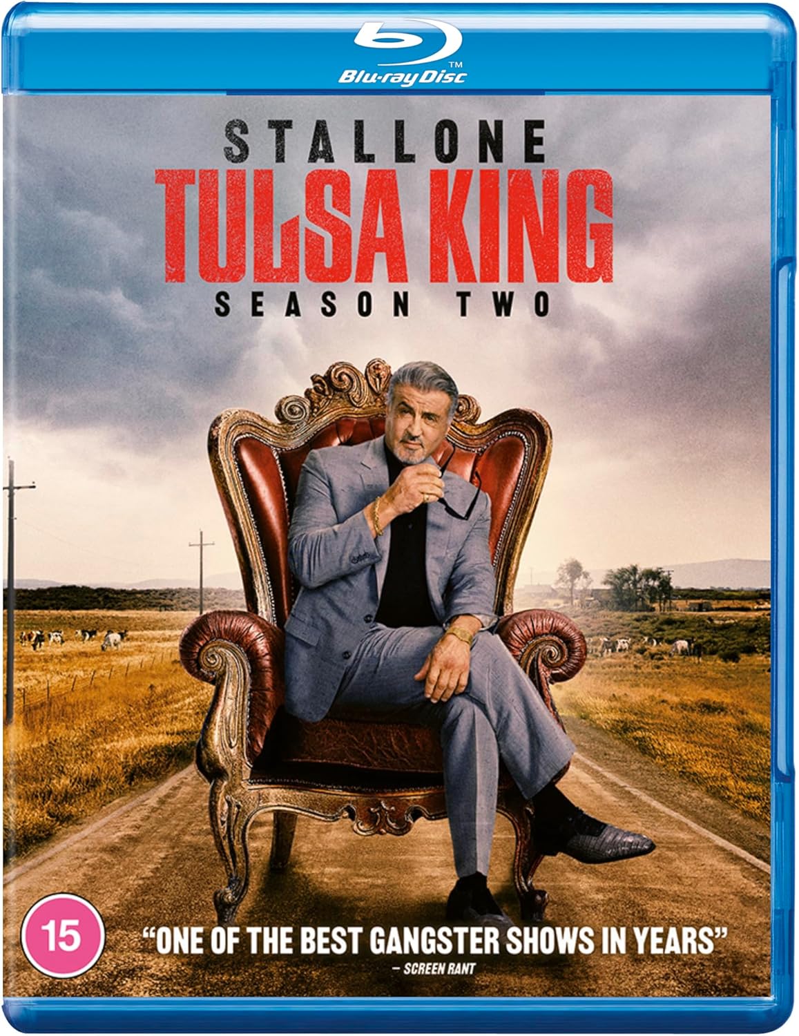 Sylvester Stallone on Tulsa King Season 2 Blu-ray cover, seated in a chair.