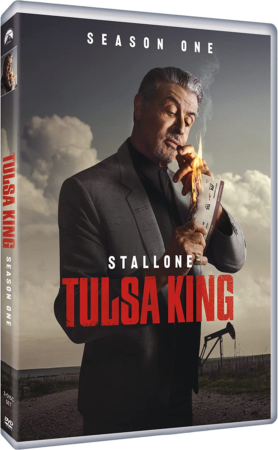 DVD case for "Tulsa King: Season One" featuring Sylvester Stallone holding a cigar.