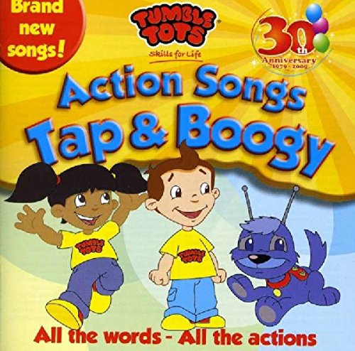 "CD cover featuring cartoon children, with title 'Action Songs Tap & Boogie' and 'Tumble Tots' logo."
