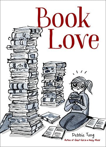 A girl with large glasses sits surrounded by tall stacks of books.