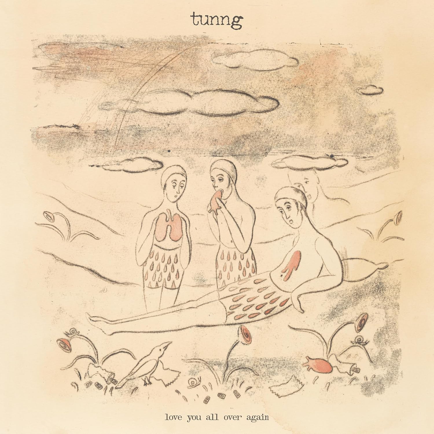 Line drawing of three figures with exposed organs in a surreal, dreamlike landscape.