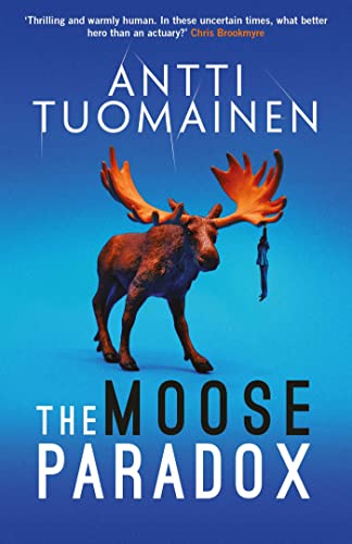 Book cover: a brown moose with large antlers, holding a blue suit.