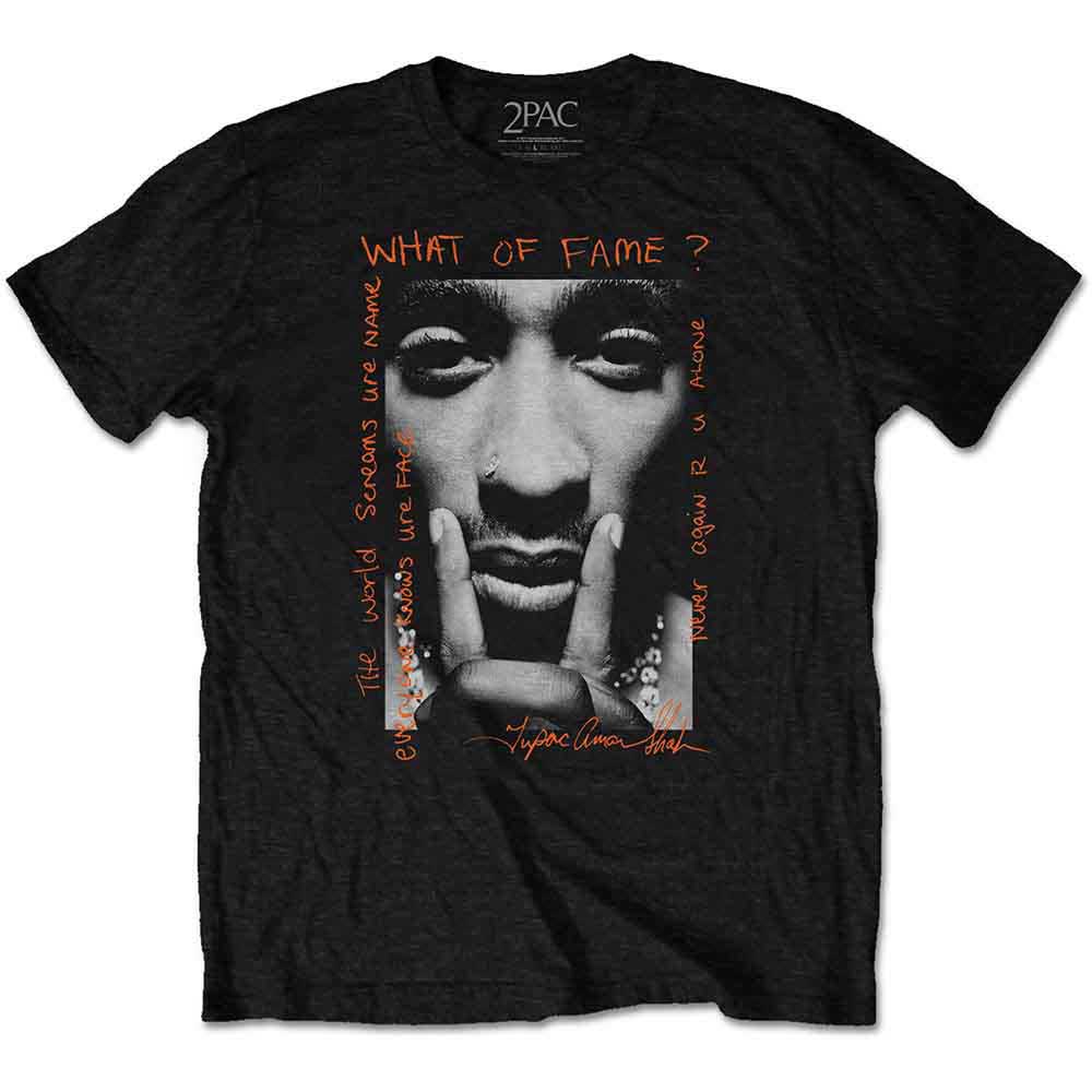 Black t-shirt with a grayscale portrait of Tupac and text design.