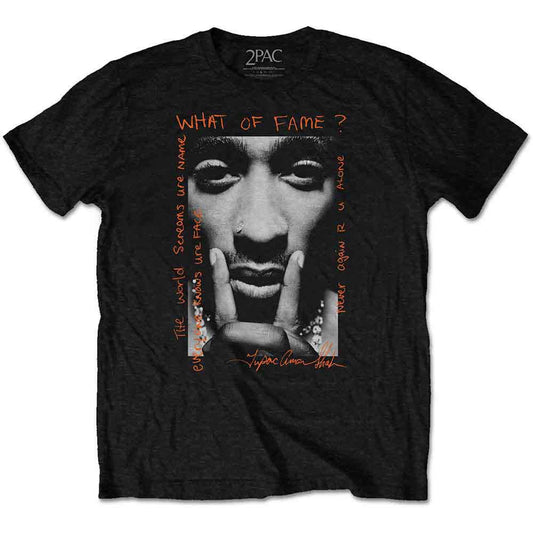 Black t-shirt with a grayscale portrait of Tupac and text design.