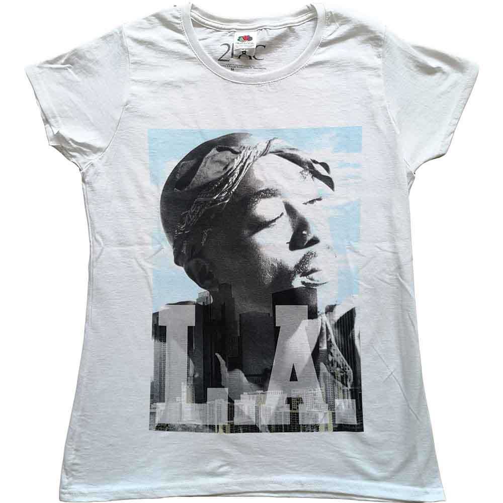 White women's t-shirt with Tupac image and "LA" skyline logo.
