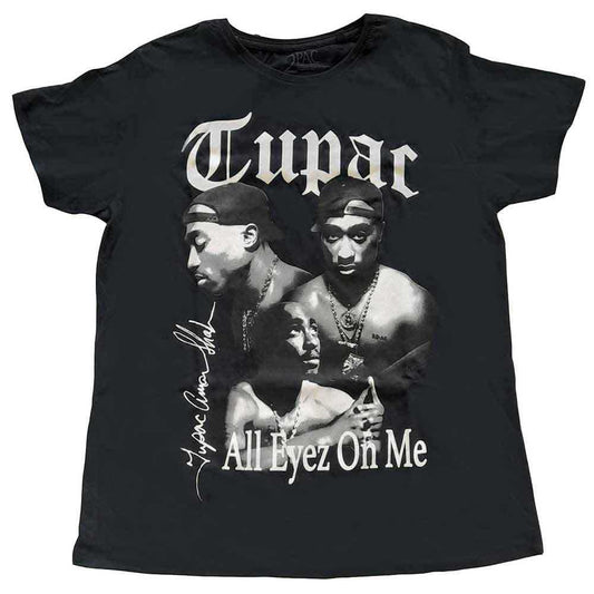 Black and white photo of Tupac Shakur on a women's t-shirt.