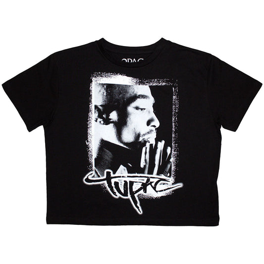 Small crop top with a spray-painted photo of Tupac Shakur on the front.