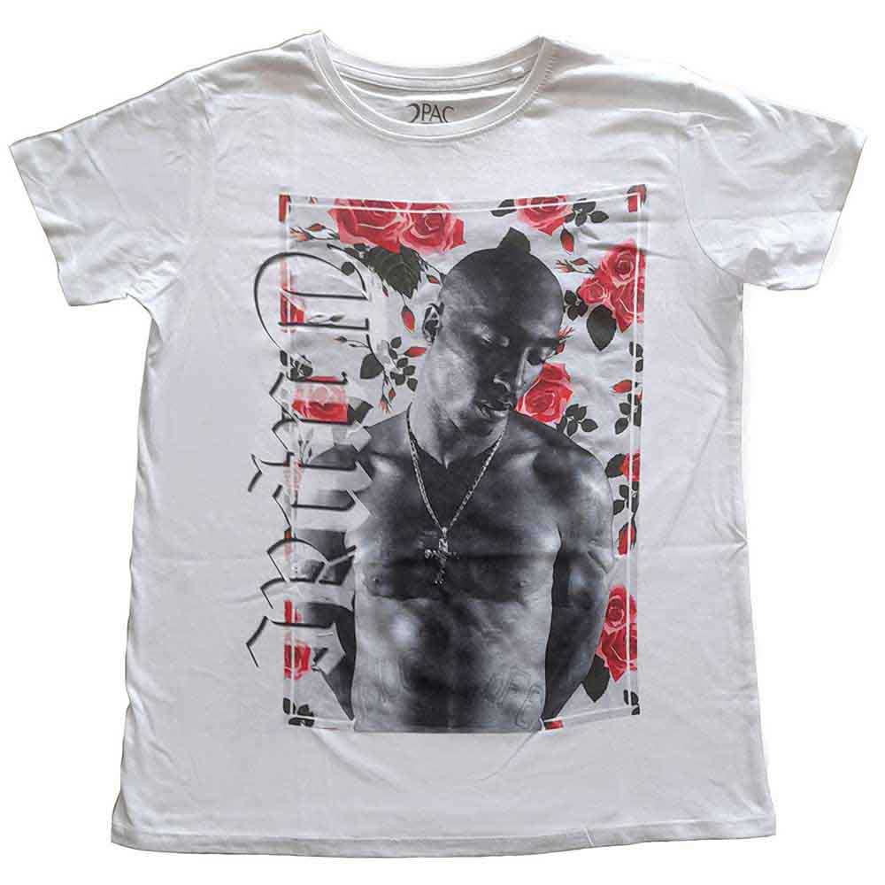 Ladies t-shirt with floral design featuring image of Tupac Shakur.