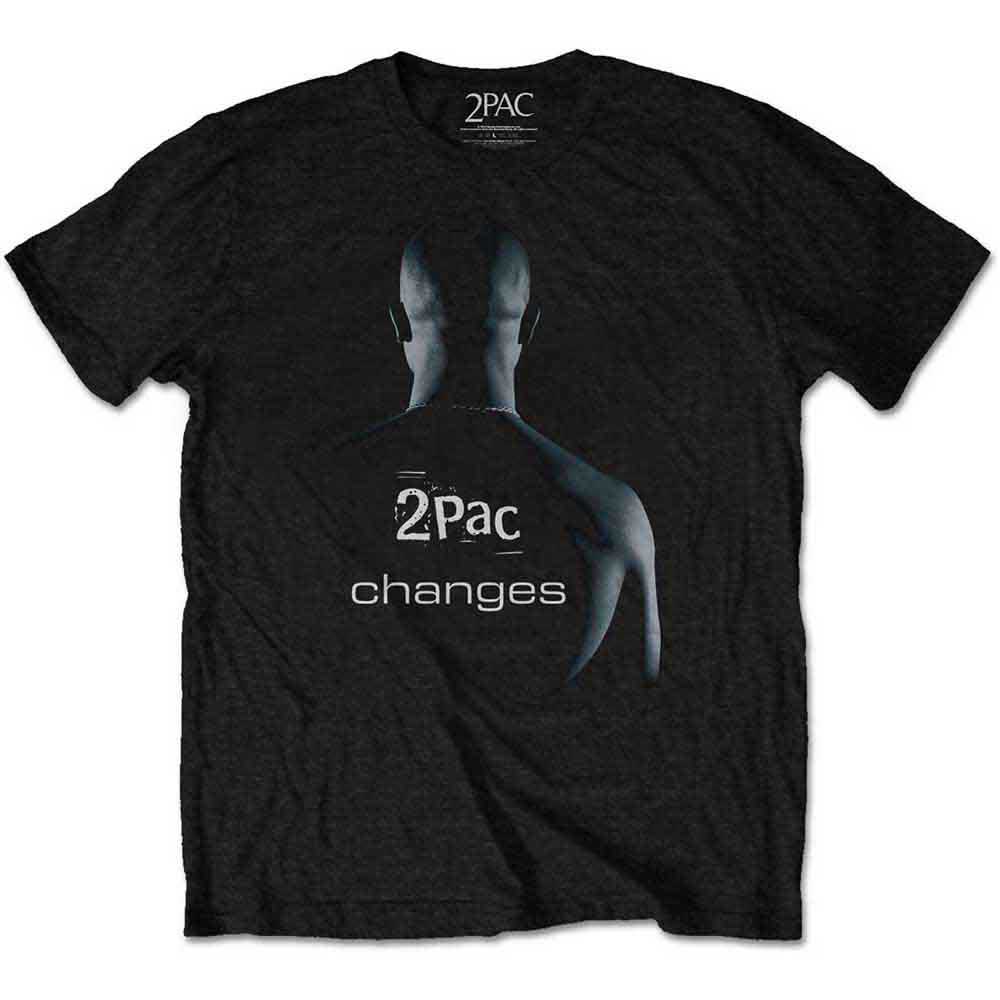 Black Tupac t-shirt with a graphic of a face and the word “changes”.