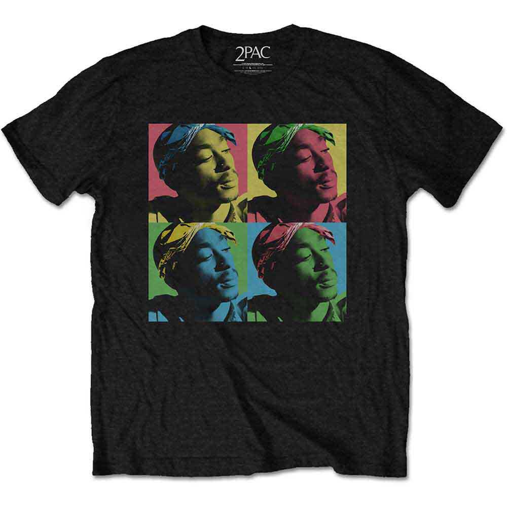 Black t-shirt with a colorful, repeating portrait print in a pop art style.