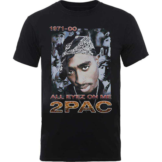 Black unisex t-shirt featuring a graphic print of Tupac Shakur and All Eyez text.