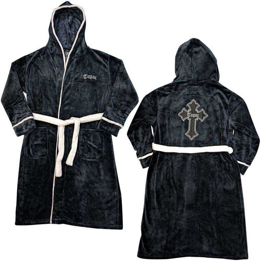 Front and back view of a black hooded bathrobe with white trim and cross.