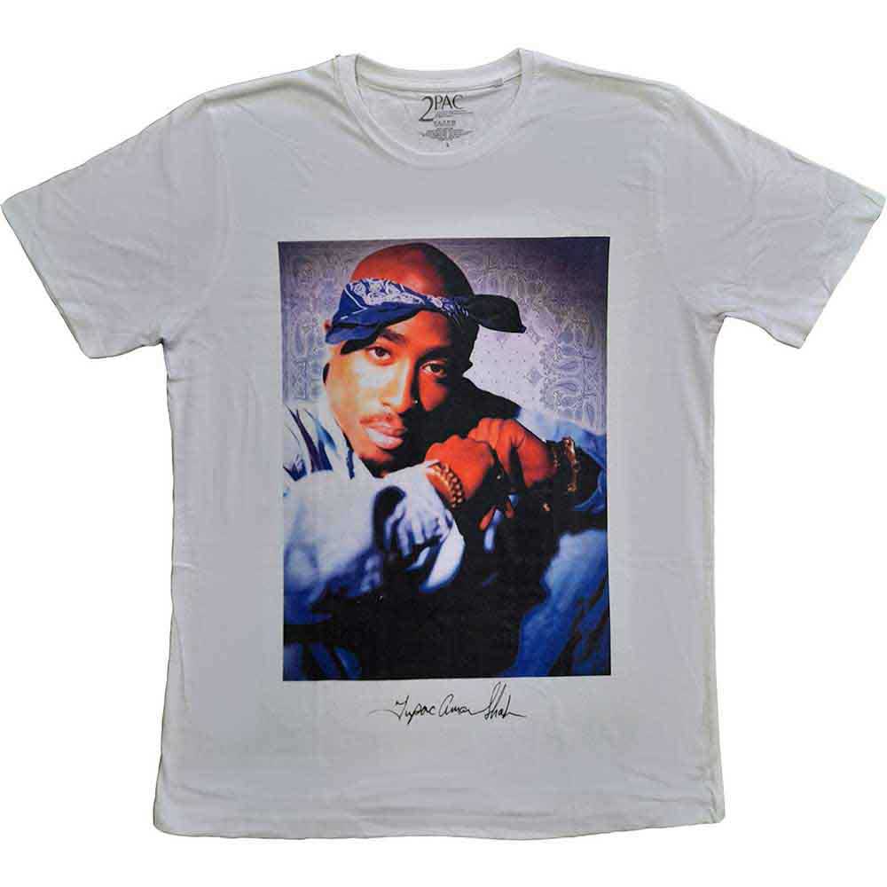 A black unisex t-shirt featuring a graphic of Tupac wearing a blue bandana.