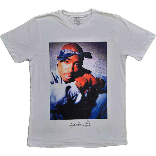 A black unisex t-shirt featuring a graphic of Tupac wearing a blue bandana.