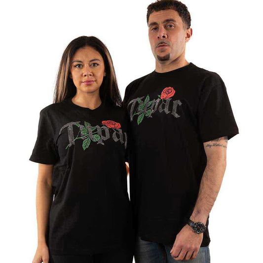Black Tupac t-shirts with a rose logo, modeled by a man and woman.
